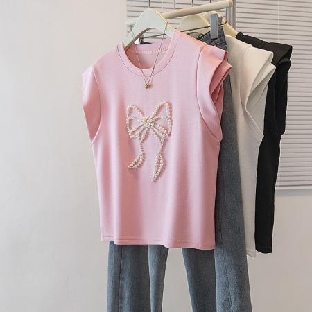 BY10525# 大码女装新款韩版胖MM高级感钉珠潮流蝴蝶结设计显瘦修身上衣 服裝批發女裝批發服飾貨源