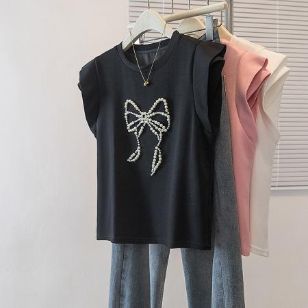 BY10525# 大码女装新款韩版胖MM高级感钉珠潮流蝴蝶结设计显瘦修身上衣 服裝批發女裝批發服飾貨源