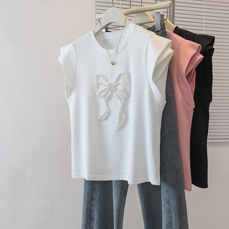BY10525# 大码女装新款韩版胖MM高级感钉珠潮流蝴蝶结设计显瘦修身上衣 服裝批發女裝批發服飾貨源