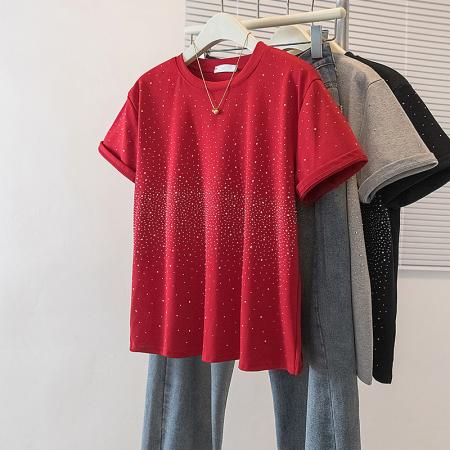 BY10527# 大码女装新款韩版胖MM高级感潮流烫钻设计感显瘦修身上衣 服裝批發女裝批發服飾貨源