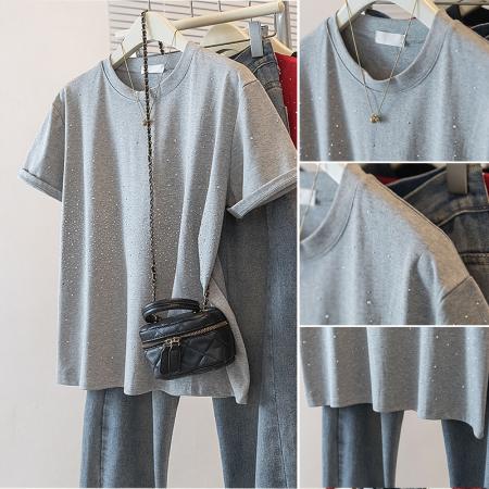 BY10527# 大码女装新款韩版胖MM高级感潮流烫钻设计感显瘦修身上衣 服裝批發女裝批發服飾貨源