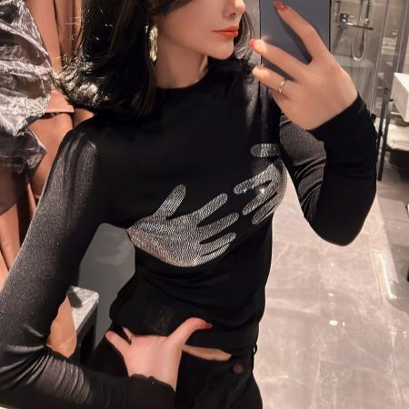 BY10529# 春秋新款薄款微透重工烫钻长袖打底衫女性感透视洋气修身冰纱上衣 服裝批發女裝批發服飾貨源