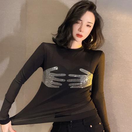 BY10529# 春秋新款薄款微透重工烫钻长袖打底衫女性感透视洋气修身冰纱上衣 服裝批發女裝批發服飾貨源
