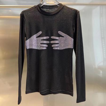 BY10529# 春秋新款薄款微透重工烫钻长袖打底衫女性感透视洋气修身冰纱上衣 服裝批發女裝批發服飾貨源