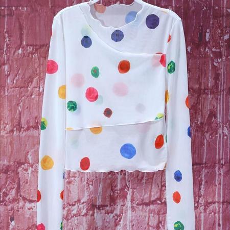 BY10530# 网红假两件网纱波点轻奢打底衫韩版修身T恤新款时尚外穿慵懒上衣 服裝批發女裝批發服飾貨源