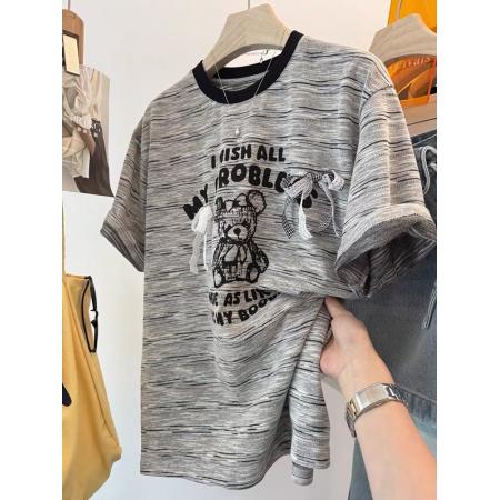 BY10531# 原版面料特大码300斤蝴蝶结小熊短袖T恤撞色条纹 服裝批發女裝批發服飾貨源