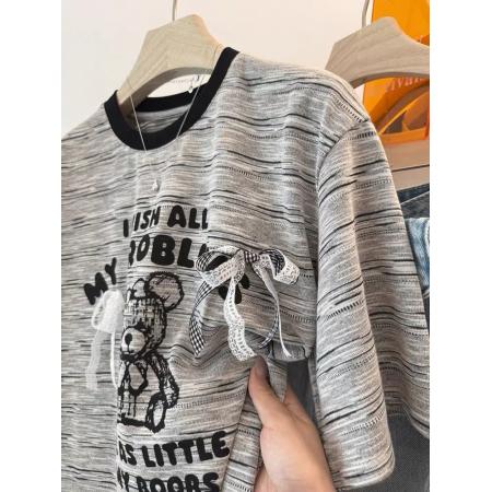 BY10531# 原版面料特大码300斤蝴蝶结小熊短袖T恤撞色条纹 服裝批發女裝批發服飾貨源