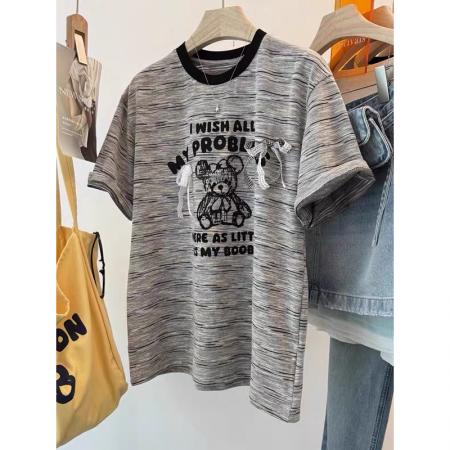 BY10531# 原版面料特大码300斤蝴蝶结小熊短袖T恤撞色条纹 服裝批發女裝批發服飾貨源