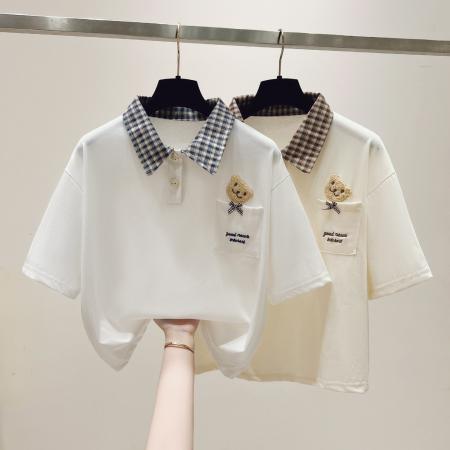 BY10532# 校园风拼色格子polo领短袖小熊刺绣T恤显瘦上衣 服裝批發女裝批發服飾貨源