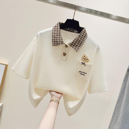 BY10532# 校园风拼色格子polo领短袖小熊刺绣T恤显瘦上衣 服裝批發女裝批發服飾貨源