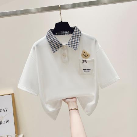 BY10532# 校园风拼色格子polo领短袖小熊刺绣T恤显瘦上衣 服裝批發女裝批發服飾貨源