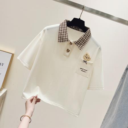 BY10532# 校园风拼色格子polo领短袖小熊刺绣T恤显瘦上衣 服裝批發女裝批發服飾貨源