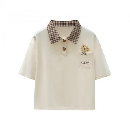 BY10532# 校园风拼色格子polo领短袖小熊刺绣T恤显瘦上衣 服裝批發女裝批發服飾貨源