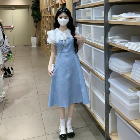 BY10533# 牛仔连衣裙夏季新款洋气拼接假两件裙子女孩夏装 服裝批發女裝批發服飾貨源