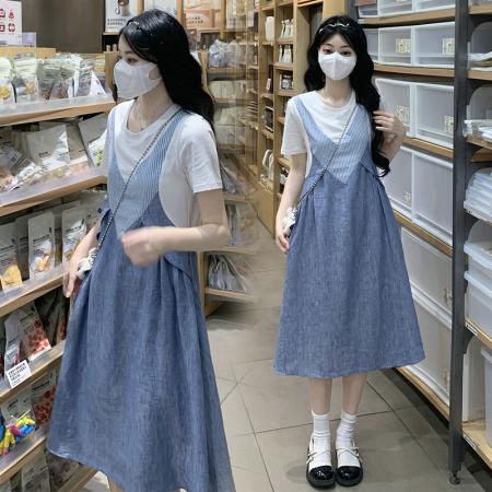 BY10534# 麻牛仔连衣裙假两件套夏季女装新款T恤背带裙连衣裙 服裝批發女裝批發服飾貨源