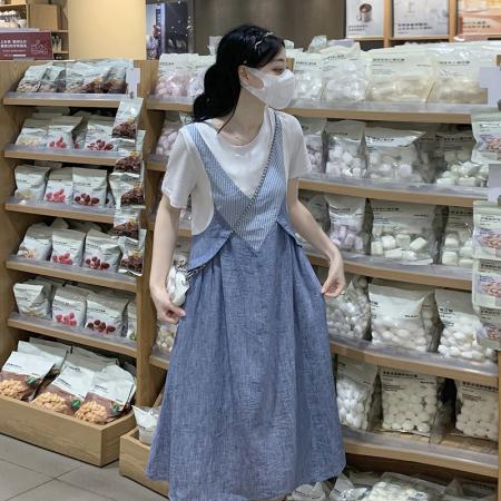 BY10534# 麻牛仔连衣裙假两件套夏季女装新款T恤背带裙连衣裙 服裝批發女裝批發服飾貨源