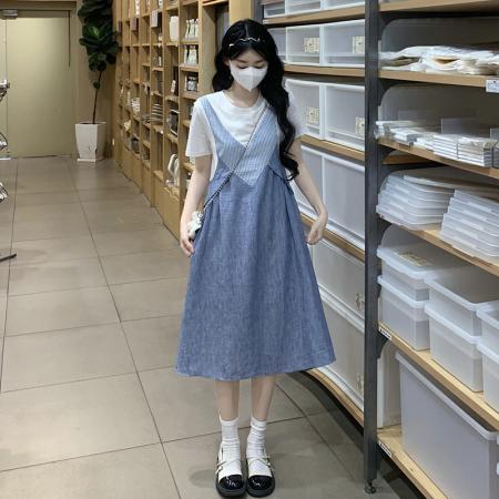 BY10534# 麻牛仔连衣裙假两件套夏季女装新款T恤背带裙连衣裙 服裝批發女裝批發服飾貨源