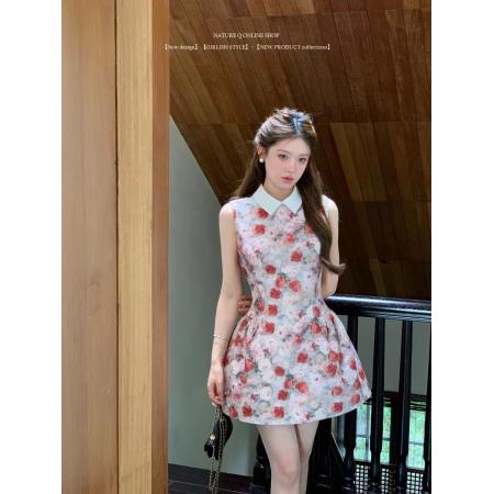 BY10535# 公主裙生日礼服高端轻奢小众富家千金miu系穿搭玫瑰印花连衣裙女 服裝批發女裝批發服飾貨源