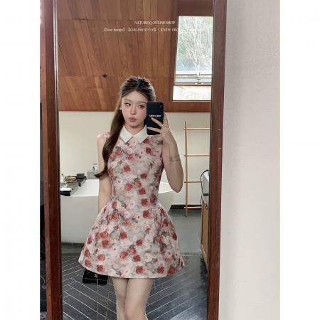 BY10535# 公主裙生日礼服高端轻奢小众富家千金miu系穿搭玫瑰印花连衣裙女 服裝批發女裝批發服飾貨源