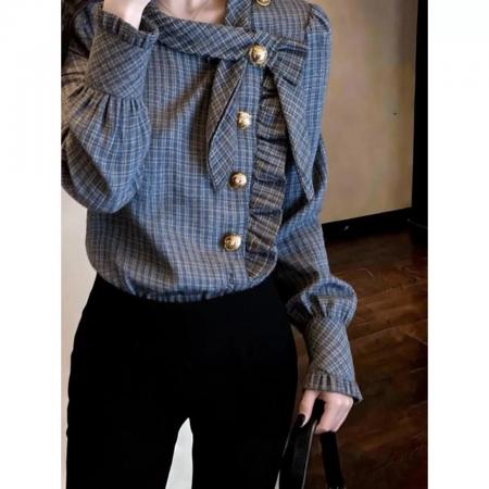 BY10536# 设计感韩版新款日常通勤休闲风格纹衬衫女春薄款侧扣窄袖开衫 服裝批發女裝批發服飾貨源