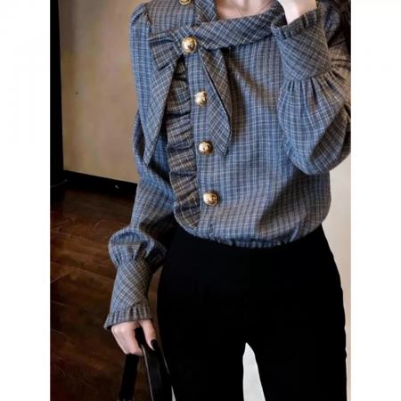 BY10536# 设计感韩版新款日常通勤休闲风格纹衬衫女春薄款侧扣窄袖开衫 服裝批發女裝批發服飾貨源