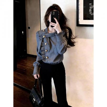 BY10536# 设计感韩版新款日常通勤休闲风格纹衬衫女春薄款侧扣窄袖开衫 服裝批發女裝批發服飾貨源