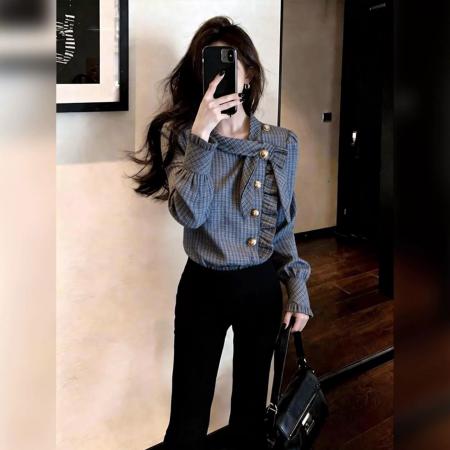 BY10536# 设计感韩版新款日常通勤休闲风格纹衬衫女春薄款侧扣窄袖开衫 服裝批發女裝批發服飾貨源