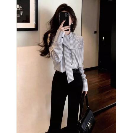 BY10537# 设计感高级流行百搭条纹衬衫女春薄款条纹蝴蝶结领带开衫 服裝批發女裝批發服飾貨源