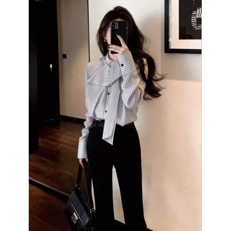 BY10537# 设计感高级流行百搭条纹衬衫女春薄款条纹蝴蝶结领带开衫 服裝批發女裝批發服飾貨源