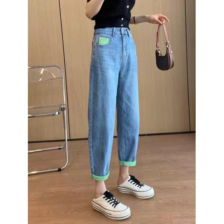 BY10538# 春季新款梨形身材弹力撞色哈伦牛仔裤女大码胖妹妹显瘦九分老爹裤 服裝批發女裝批發服飾貨源