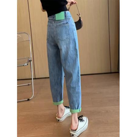 BY10538# 春季新款梨形身材弹力撞色哈伦牛仔裤女大码胖妹妹显瘦九分老爹裤 服裝批發女裝批發服飾貨源