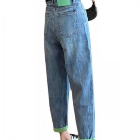BY10538# 春季新款梨形身材弹力撞色哈伦牛仔裤女大码胖妹妹显瘦九分老爹裤 服裝批發女裝批發服飾貨源