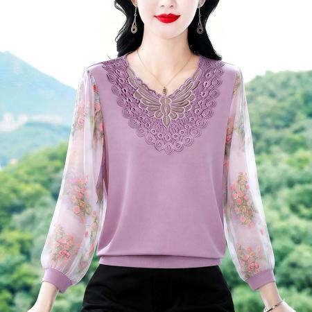 春季新款时尚高档针织拼接蕾丝气...