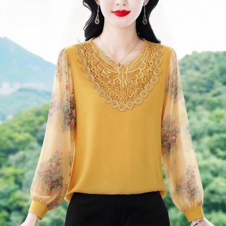 BY10540# 春季新款时尚高档针织拼接蕾丝气质百搭显白长袖雪纺衫 服裝批發女裝批發服飾貨源