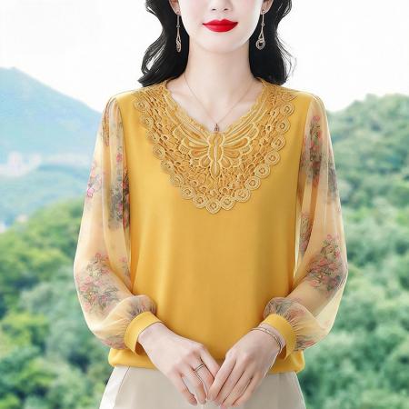 BY10540# 春季新款时尚高档针织拼接蕾丝气质百搭显白长袖雪纺衫 服裝批發女裝批發服飾貨源