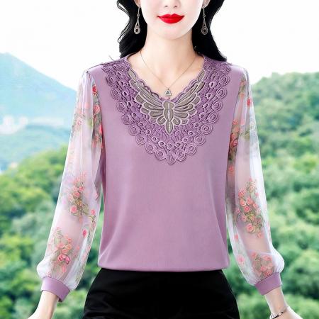 BY10540# 春季新款时尚高档针织拼接蕾丝气质百搭显白长袖雪纺衫 服裝批發女裝批發服飾貨源