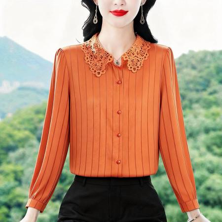 春季新款时尚高档缎面蕾丝领衬衫...