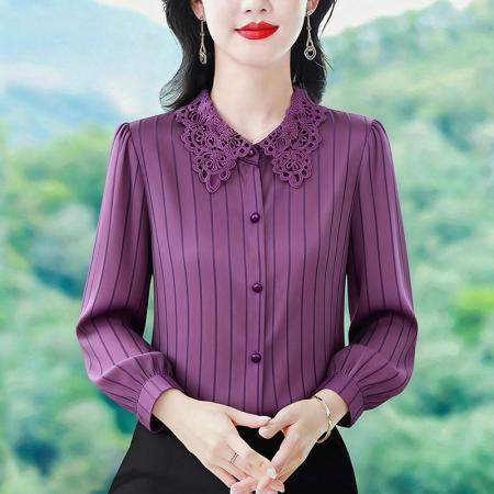 BY10541# 春季新款时尚高档缎面蕾丝领衬衫气质百搭显白条纹雪纺衫 服裝批發女裝批發服飾貨源