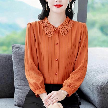 BY10541# 春季新款时尚高档缎面蕾丝领衬衫气质百搭显白条纹雪纺衫 服裝批發女裝批發服飾貨源