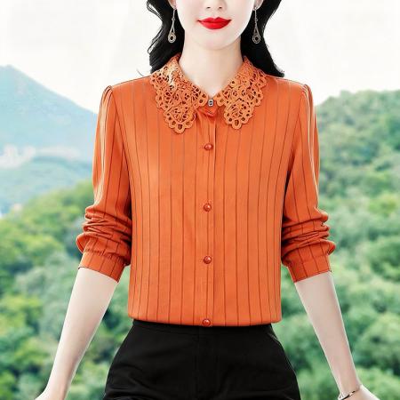 BY10541# 春季新款时尚高档缎面蕾丝领衬衫气质百搭显白条纹雪纺衫 服裝批發女裝批發服飾貨源
