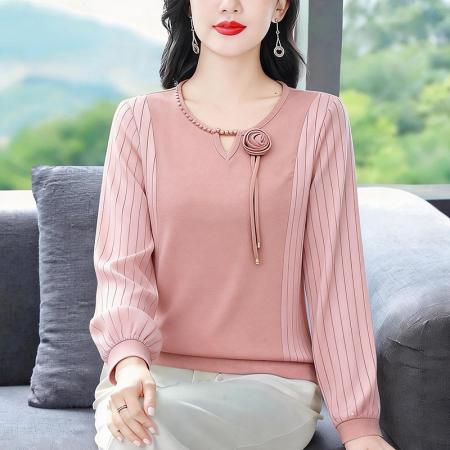 BY10542# 春季新款时尚高档缎面针织拼接钉珠花朵气质百搭长袖上衣 服裝批發女裝批發服飾貨源