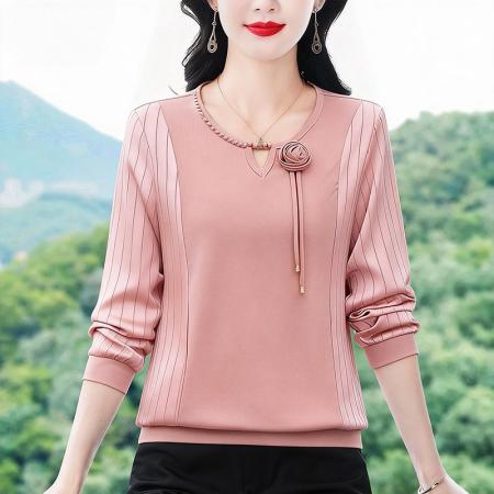 BY10542# 春季新款时尚高档缎面针织拼接钉珠花朵气质百搭长袖上衣 服裝批發女裝批發服飾貨源