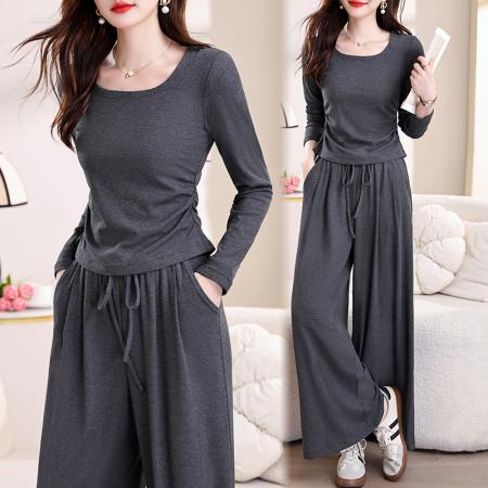 BY10543# 春秋新款刘亦菲薄绒高弹针织塑形U领长袖T恤松紧腰阔腿裤休闲套装 服裝批發女裝批發服飾貨源