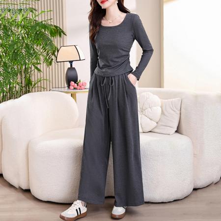 BY10543# 春秋新款刘亦菲薄绒高弹针织塑形U领长袖T恤松紧腰阔腿裤休闲套装 服裝批發女裝批發服飾貨源