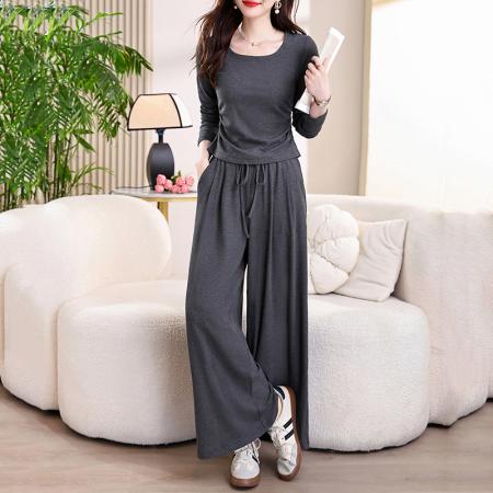 BY10543# 春秋新款刘亦菲薄绒高弹针织塑形U领长袖T恤松紧腰阔腿裤休闲套装 服裝批發女裝批發服飾貨源