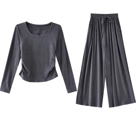 BY10543# 春秋新款刘亦菲薄绒高弹针织塑形U领长袖T恤松紧腰阔腿裤休闲套装 服裝批發女裝批發服飾貨源