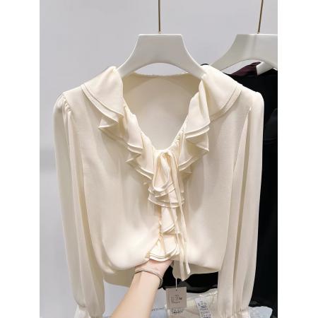 BY10544# 新款法式气质显瘦V领荷叶边拼接系带纯色套头长袖雪纺衫女 服裝批發女裝批發服飾貨源
