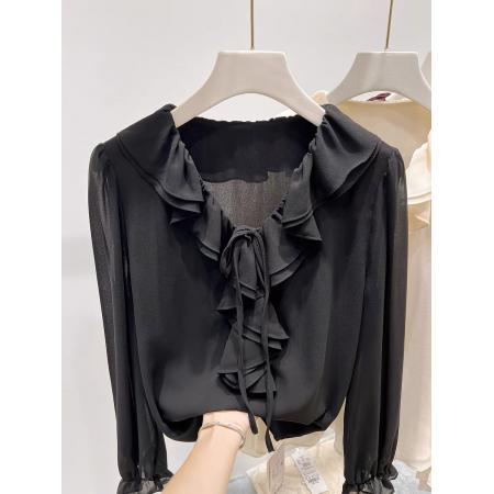 BY10544# 新款法式气质显瘦V领荷叶边拼接系带纯色套头长袖雪纺衫女 服裝批發女裝批發服飾貨源