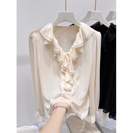 BY10544# 新款法式气质显瘦V领荷叶边拼接系带纯色套头长袖雪纺衫女 服裝批發女裝批發服飾貨源