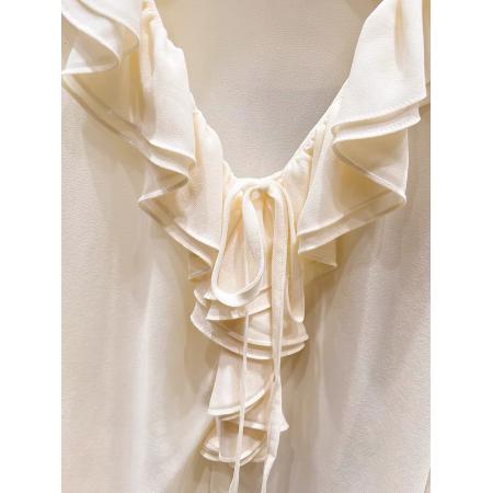 BY10544# 新款法式气质显瘦V领荷叶边拼接系带纯色套头长袖雪纺衫女 服裝批發女裝批發服飾貨源